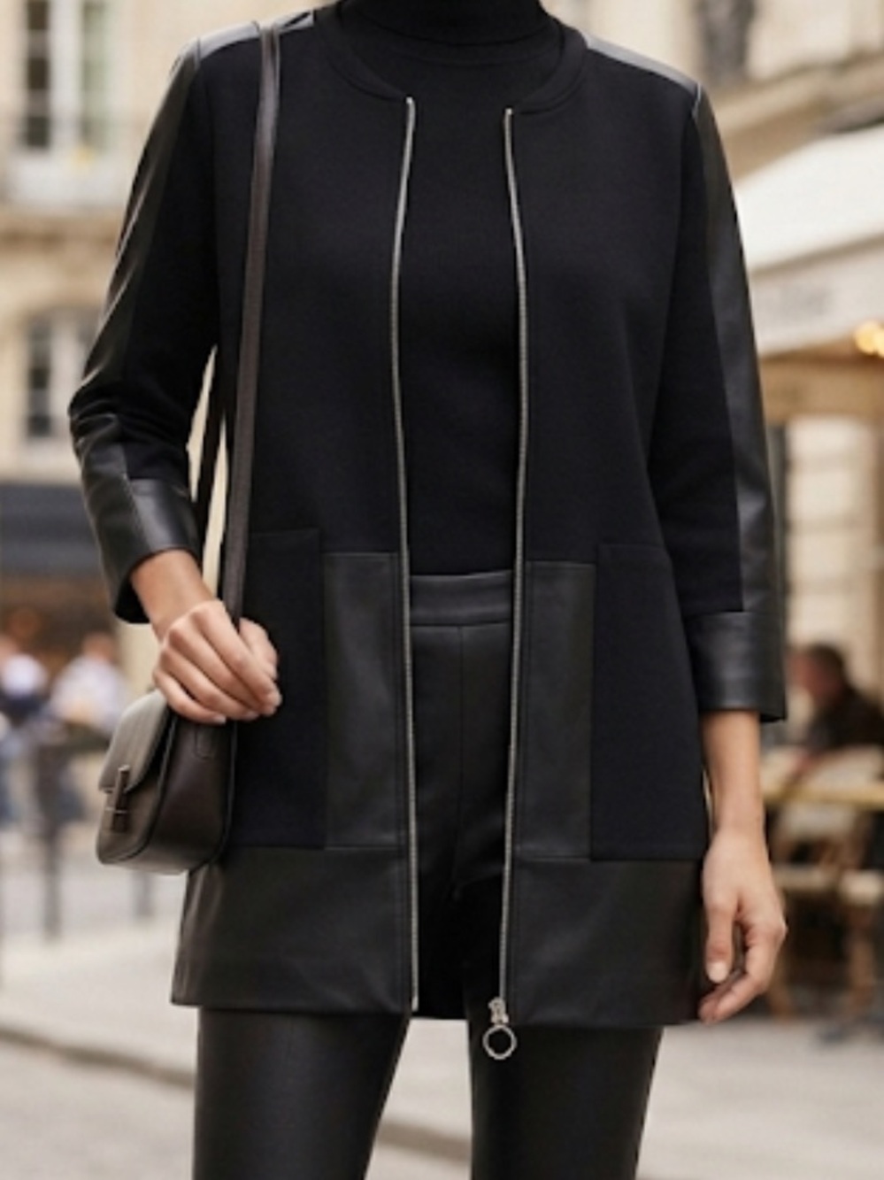 PATRIZIA LUCA Black Mixed Media Jacket Vegan Leather Lightweight Longline Small